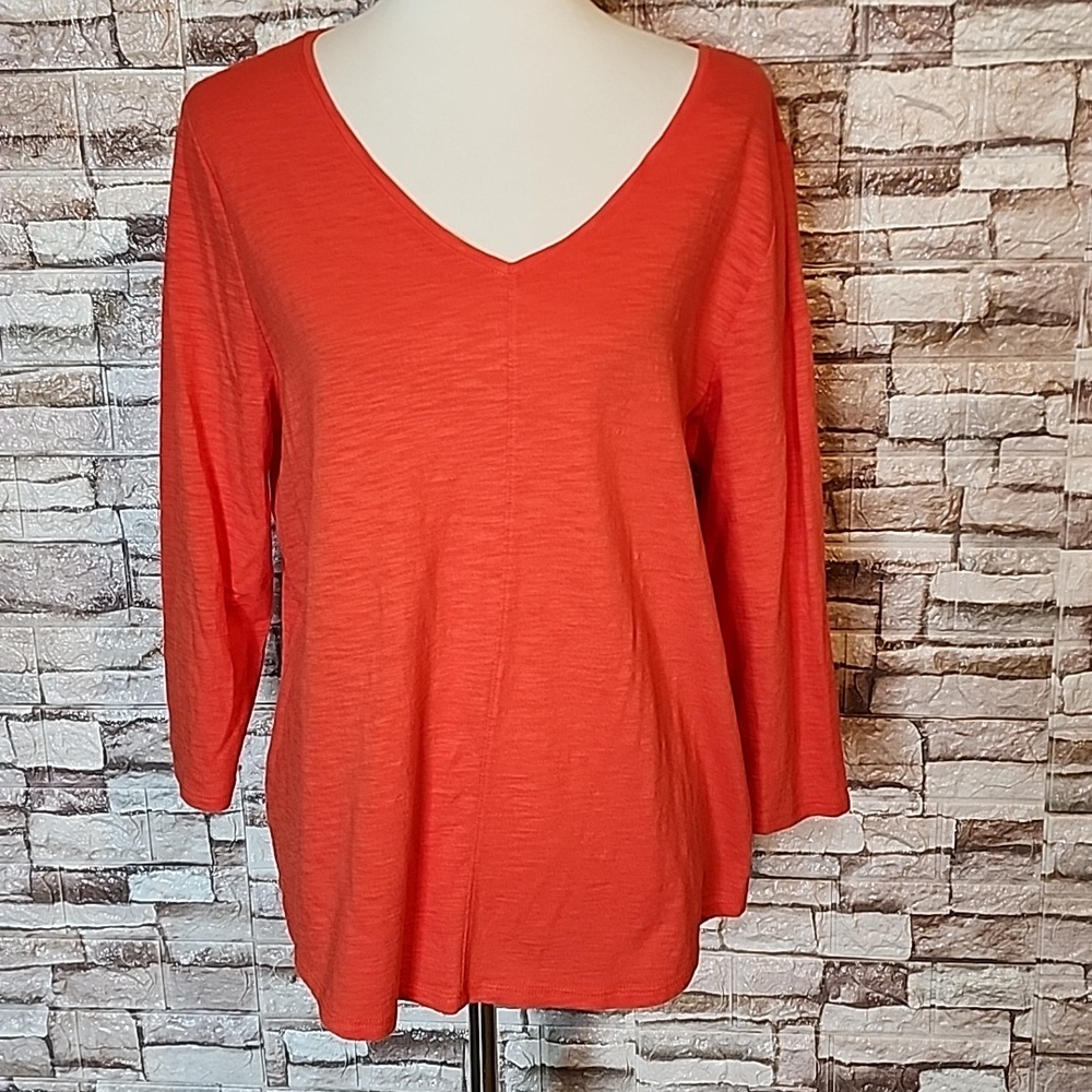 Chico's Cotton Slub Vee Neck Top 3/4 Slv Basic Kn Orange